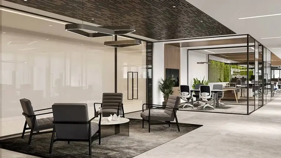 Design render: the IMI office entrance, lounge chairs beside the glass rooms, One Za’abeel, Dubai