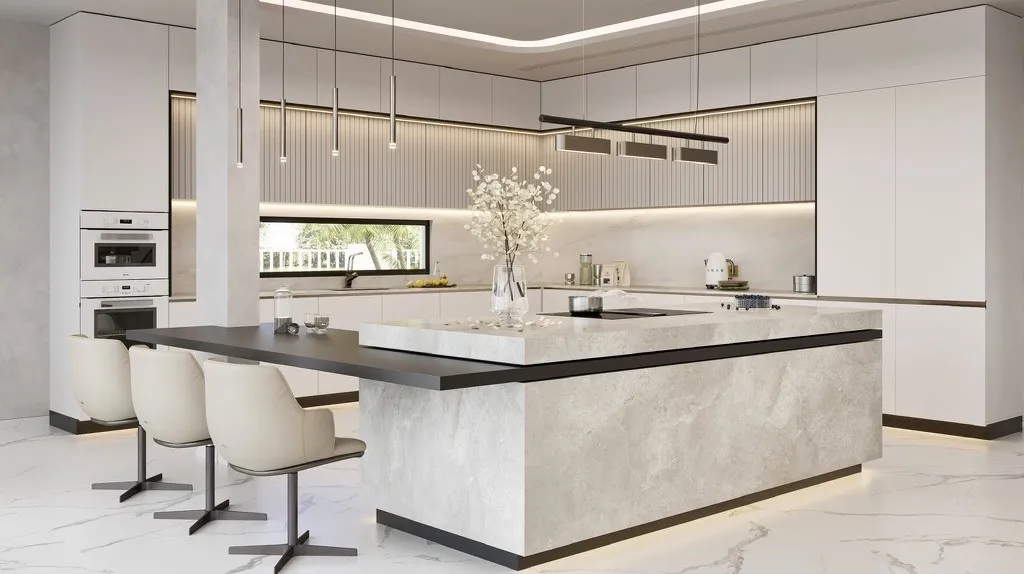 Render: the kitchen designed by Fajr Interiors for Cluster 39, Villa 1, Jumeirah Islands