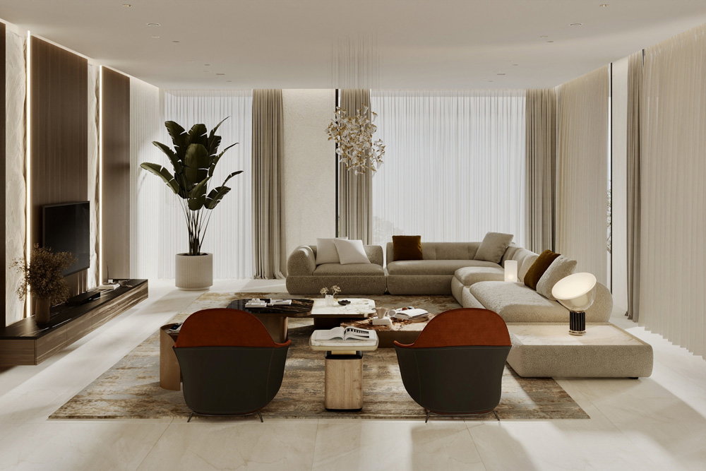 Living room of a Dubai Hills villa by Fajr Interiors, Dubai
