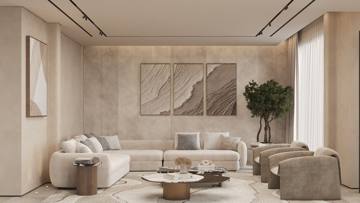 Render of the living room at Cluster 7, Villa 14: a sectional sofa under textured wall art, a tree in the corner