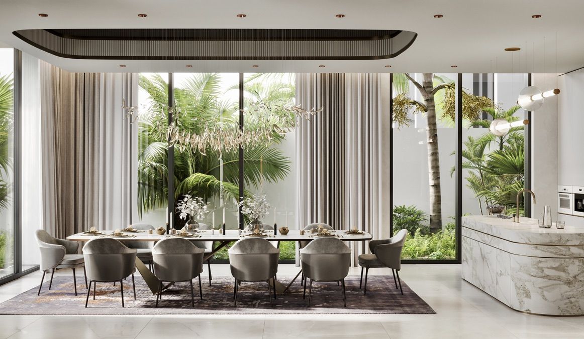 Render of the dining room at Villa 389, District One: a long table under a sculptural chandelier, with the garden through full-height glass