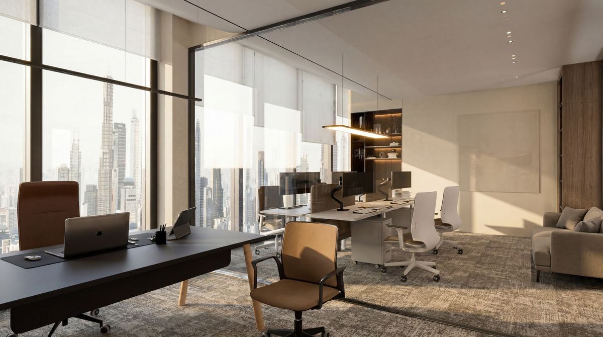 Render of the Opus Tower office by Fajr Interiors: private office