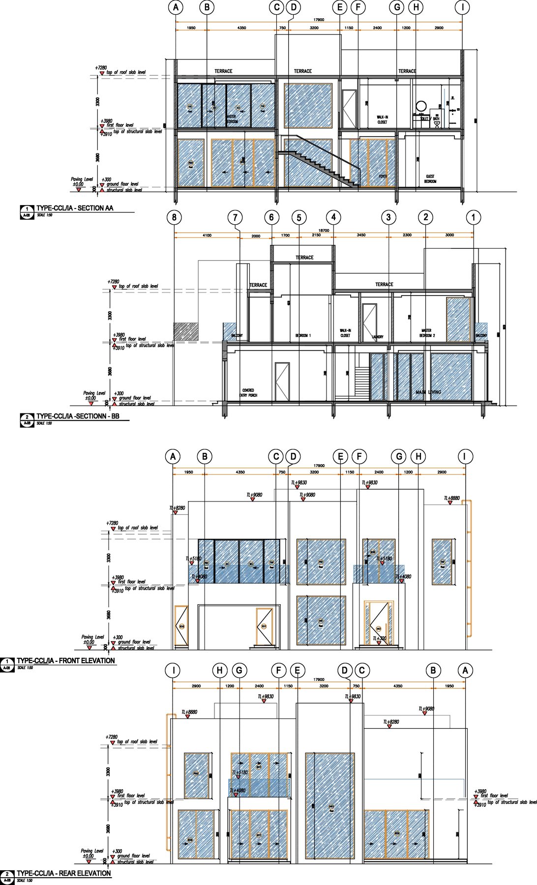 Sections and elevations of Cluster 39, Villa 3, Jumeirah Islands, by Fajr Interiors