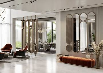 Render of the entrance at Villa 389: arched mirrors, a velvet bench and brass screens
