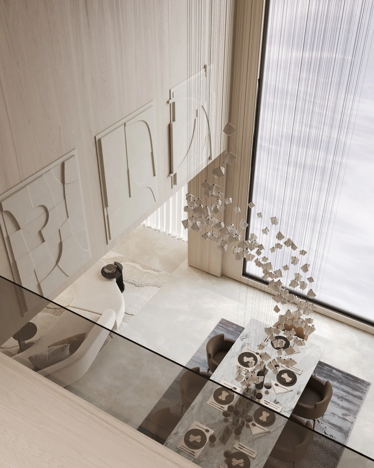 Render: dining table seen from the landing above through a glass balustrade, with relief panels on the wall and a full-height window