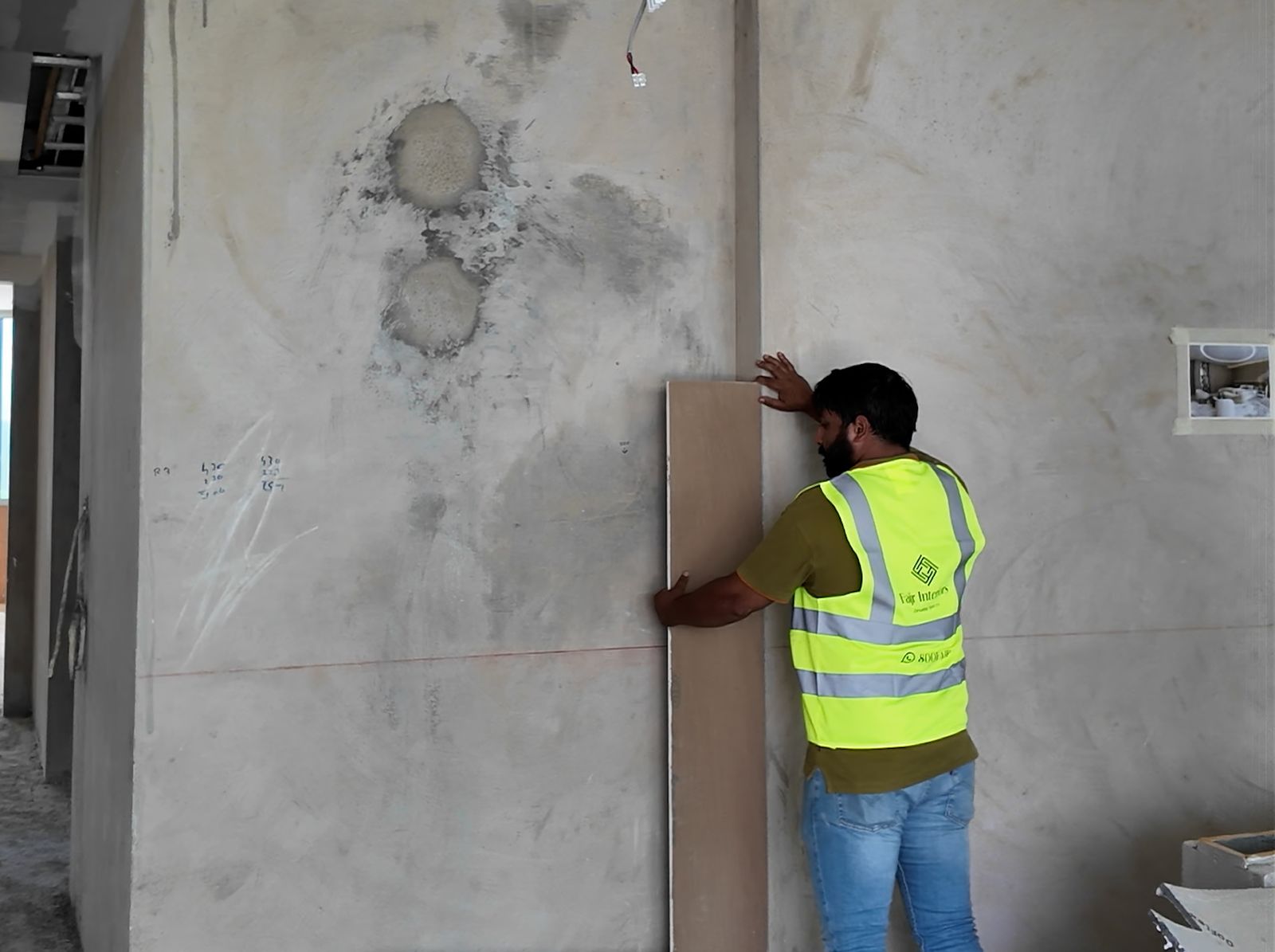 Fajr site installer fixing a wall panel during a villa fit-out, Dubai