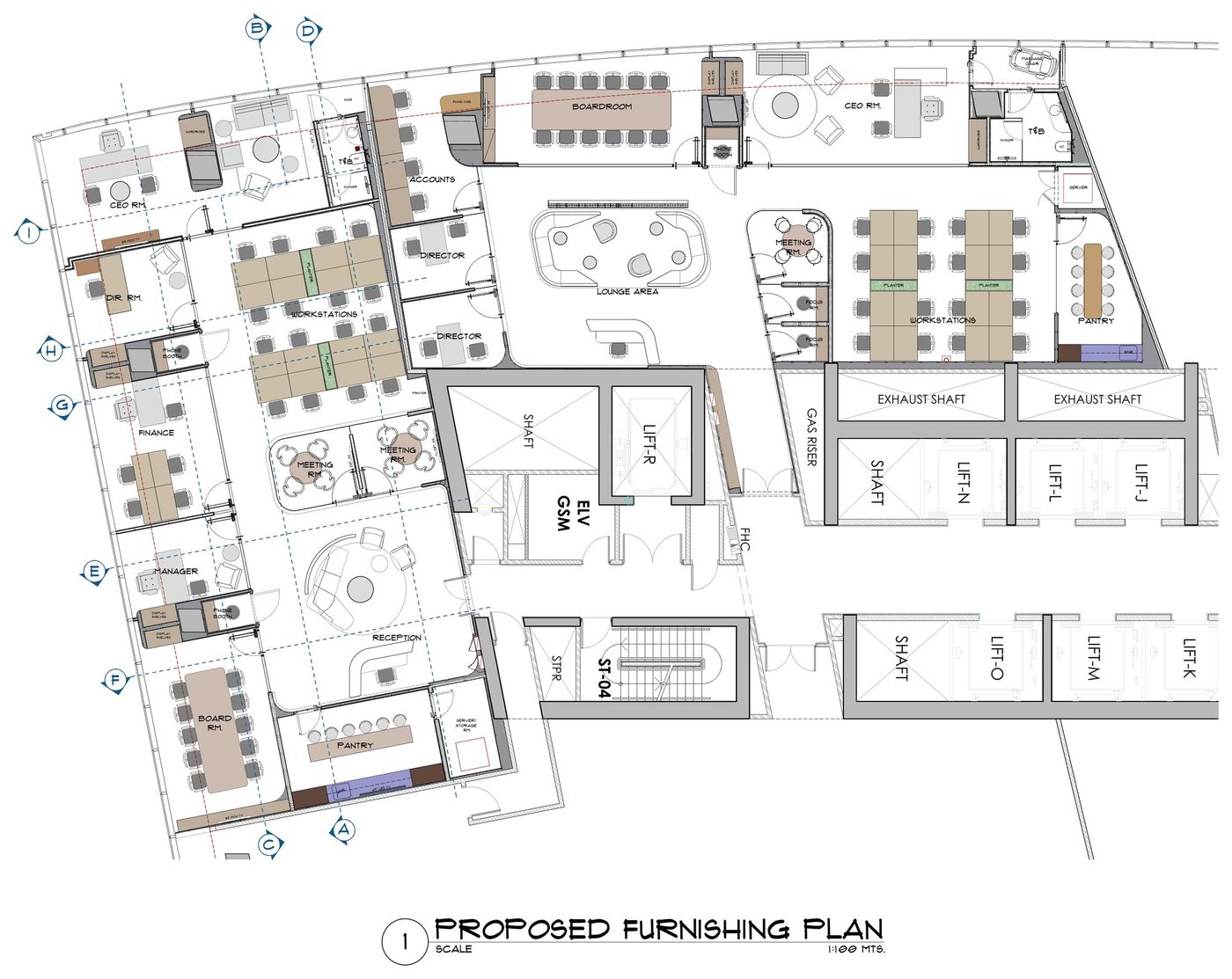 Final furnishing plan of the Opus Tower office by Fajr Interiors: reception and lounge at the core, boardrooms, CEO and director rooms along the glazing, two workstation zones, meeting rooms and pantries