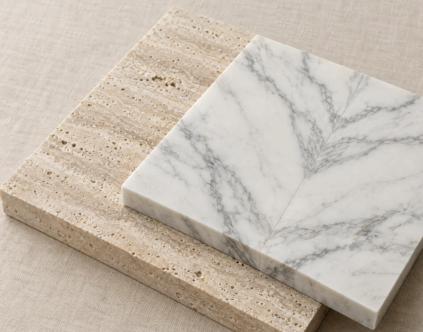 Concept visualisation: travertine and white marble samples on a linen cloth