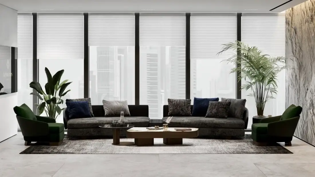 Render of the lounge at IMI, One Za’abeel, Dubai — poster for the walkthrough film