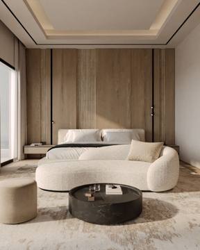 Render of the principal bedroom at Cluster 7, Villa 14: timber wall panels, a curved bench and a round side table