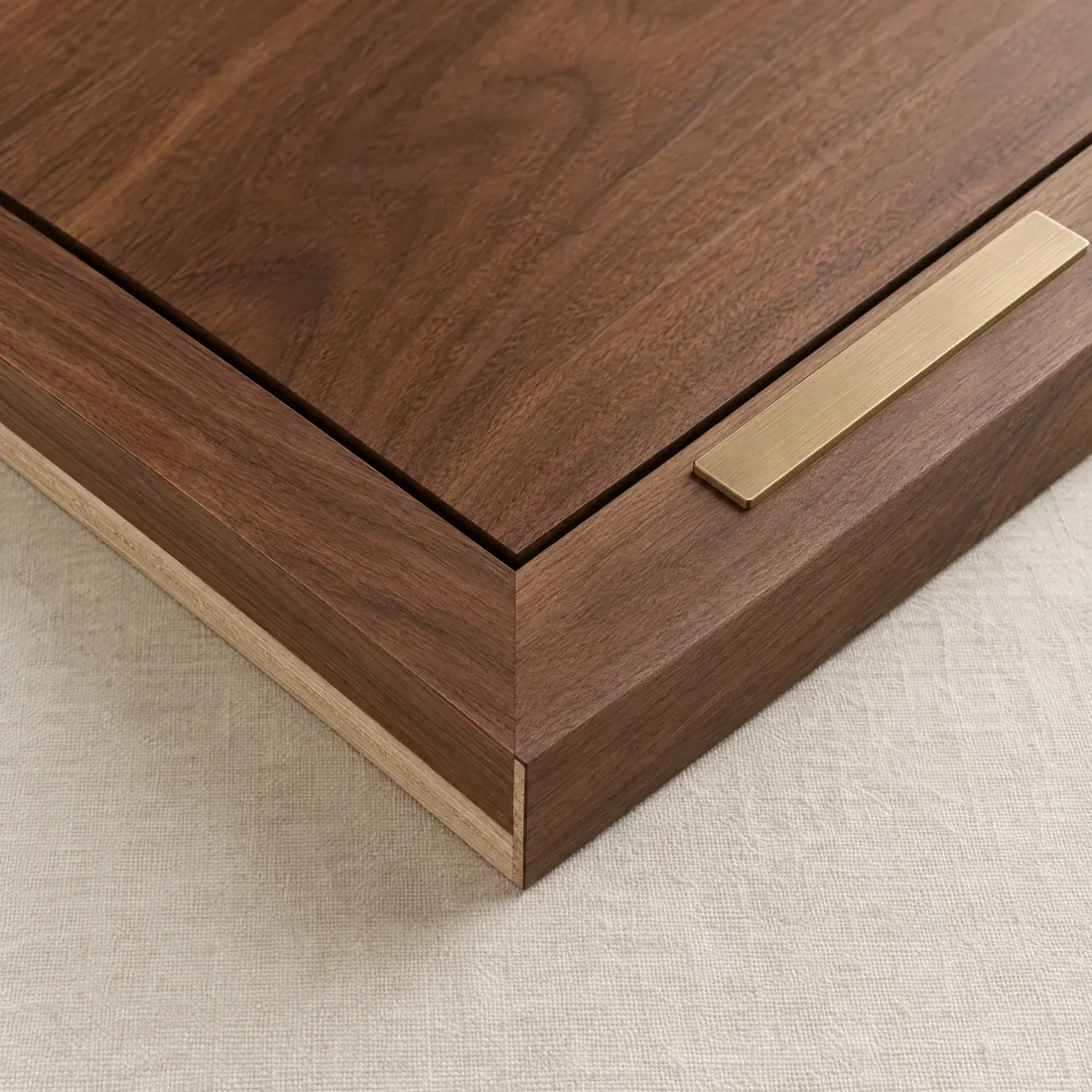 Concept visualisation: walnut door corner with a shadow gap and a brass pull