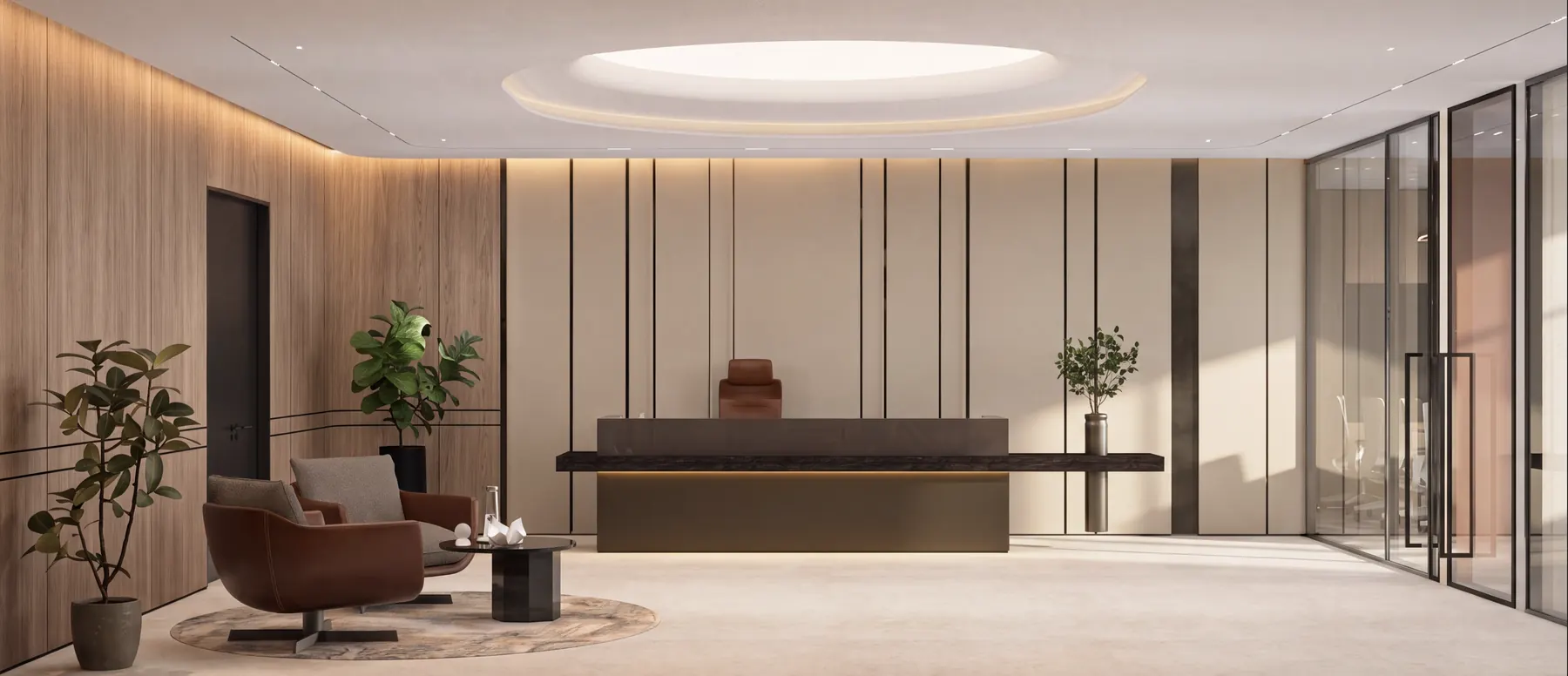 Render of the reception at Opus by Omniyat, an office floor under construction, Dubai