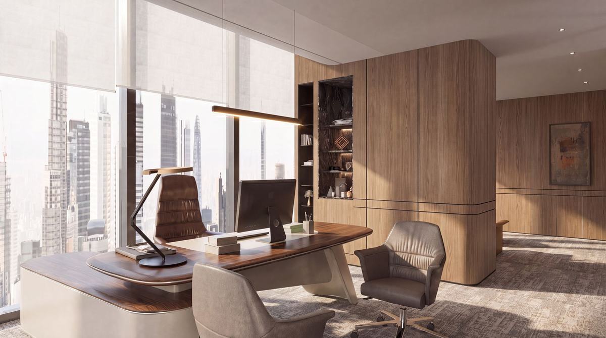 Render of the Opus Tower office by Fajr Interiors: ceo room, desk