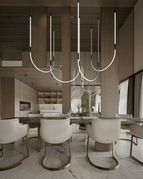 Render of the dining room for Cluster 39, Villa 3: a stone table under a cluster of sculpted pendants