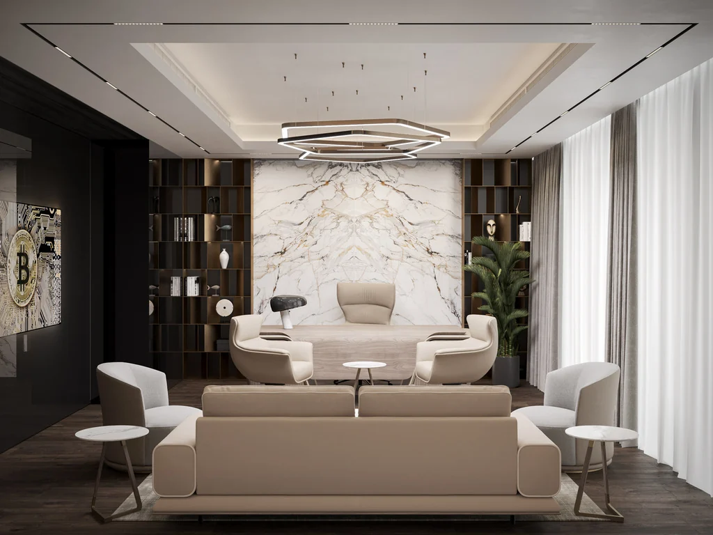 Office design visualisation: an executive office with a book-matched marble wall, bronze shelving and a lounge set