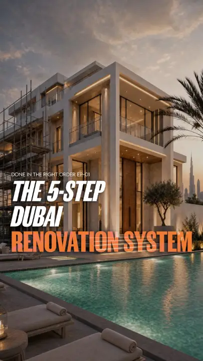 Cover of the Fajr Interiors reel The 5-step Dubai renovation system: a contemporary villa beside a pool at dusk, Dubai