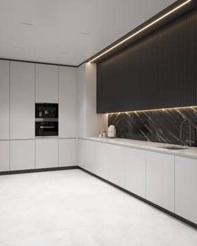 Design render: pantry with white tall units, built-in appliances and a dark marble splashback, Crypto One office, Dubai