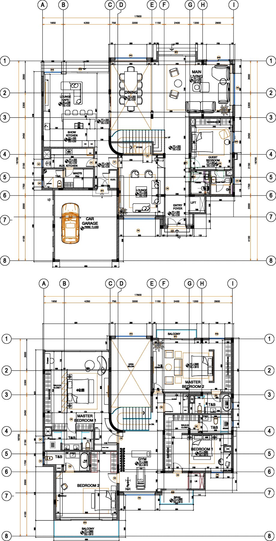 Ground and first floor layouts of Cluster 39, Villa 3, Jumeirah Islands, by Fajr Interiors