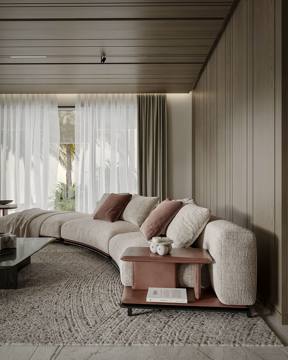 Render of the lounge for Cluster 39, Villa 3: a curved bouclé sofa against timber panelling