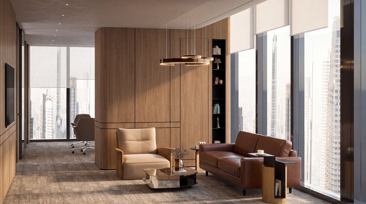Render of the Opus Tower office by Fajr Interiors: ceo room, lounge