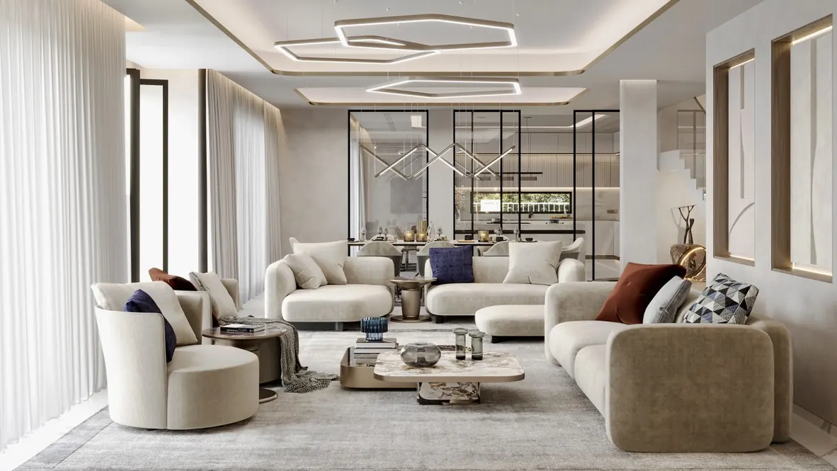 Render of a villa formal living room with hexagonal pendants and a glass partition, Dubai
