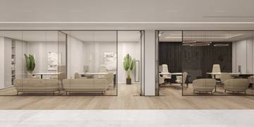 Design render: the open floor with sofas and glass-fronted offices along the window, Crypto One office, Dubai
