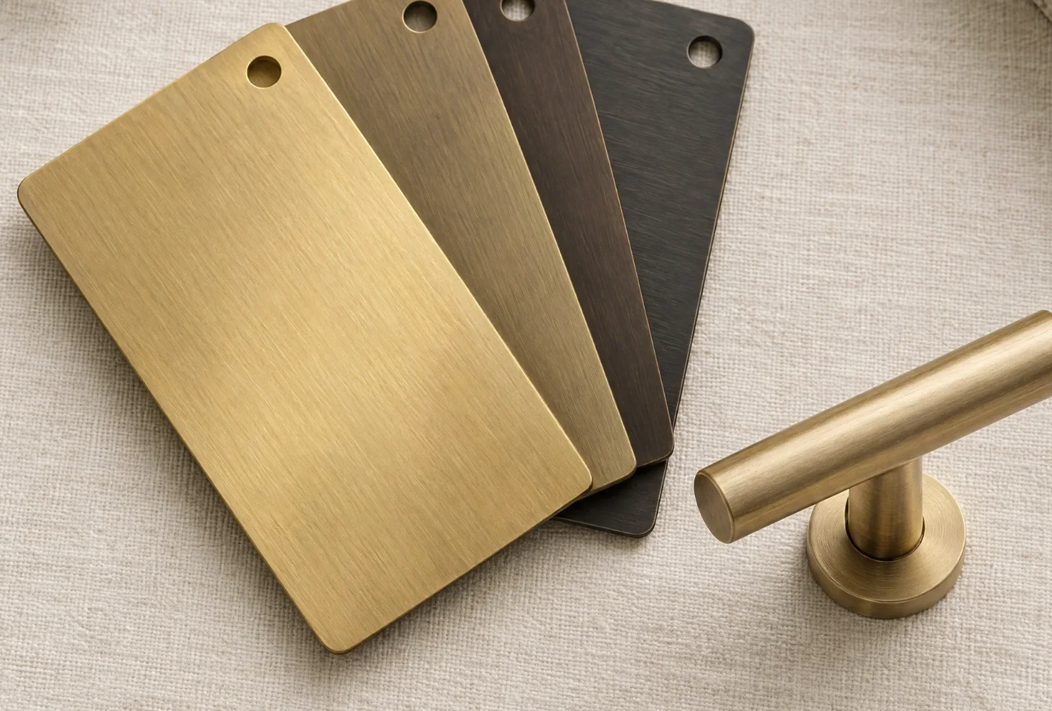 Concept visualisation: brushed brass, bronze and dark metal finish samples beside a brass pull