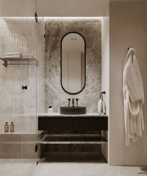 Render of the powder room at Cluster 7, Villa 14: an oval mirror over a dark stone vanity