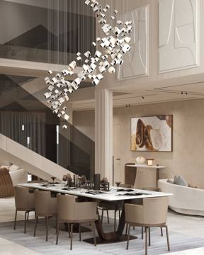 Render of the dining room at Cluster 7, Villa 14, beside the glass stair