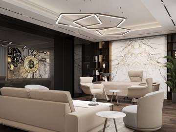 Design render: executive office sitting area under a geometric light, the bitcoin artwork behind, Crypto One office, Dubai