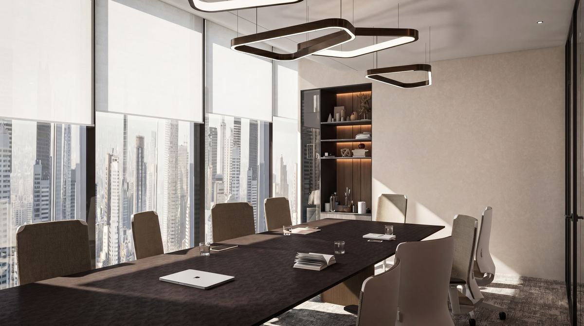 Render of the Opus Tower office by Fajr Interiors: boardroom table