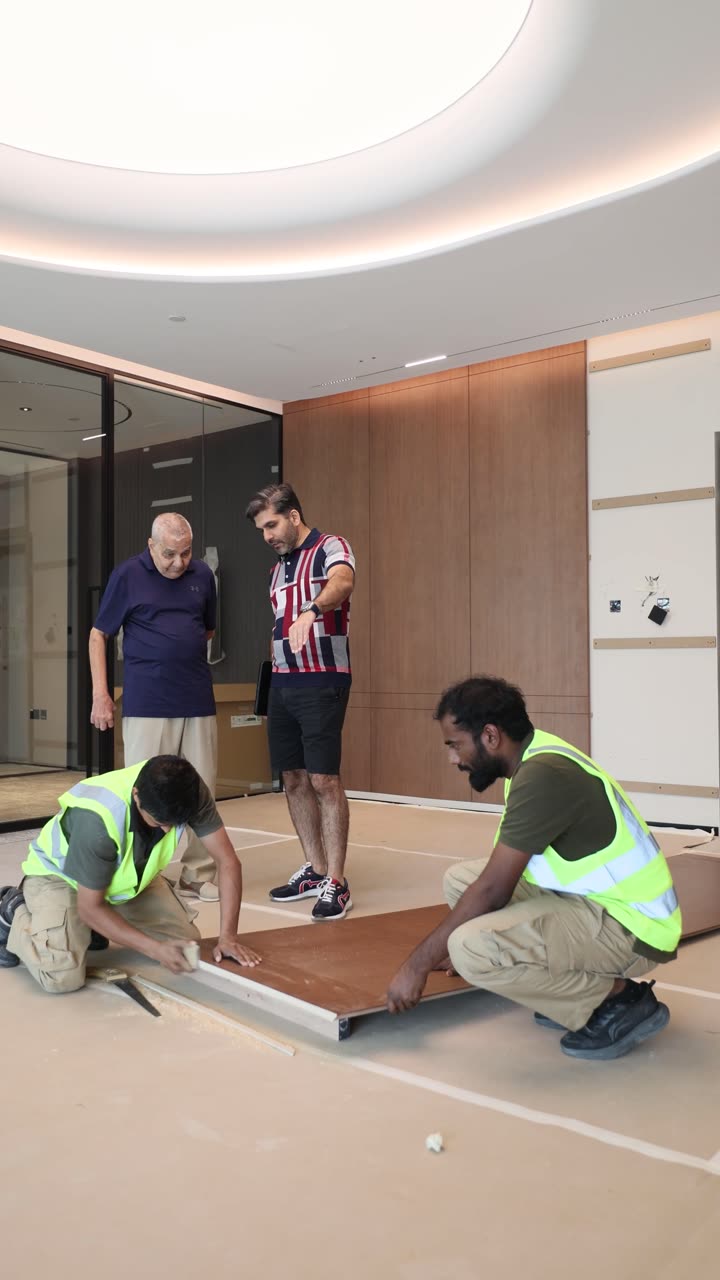 Fajr joinery team fitting veneer wall panels on the Opus by Omniyat executive floor, Dubai