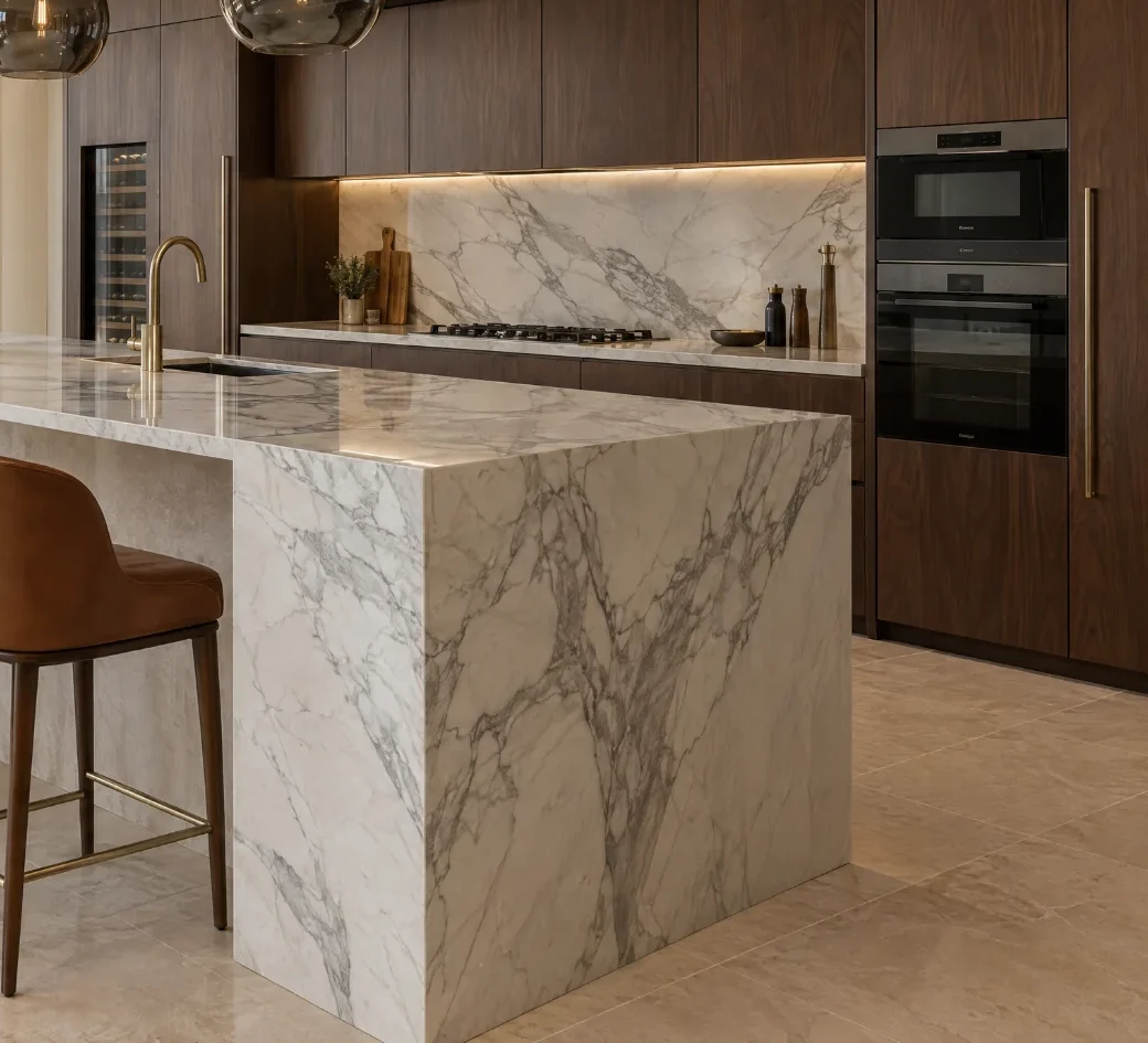 Concept visualisation: kitchen with a white marble waterfall island, walnut tall joinery and a leather bar stool