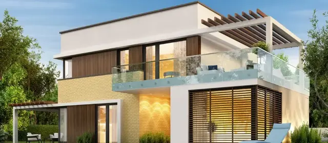 A two-storey villa with a pool terrace and a pergola