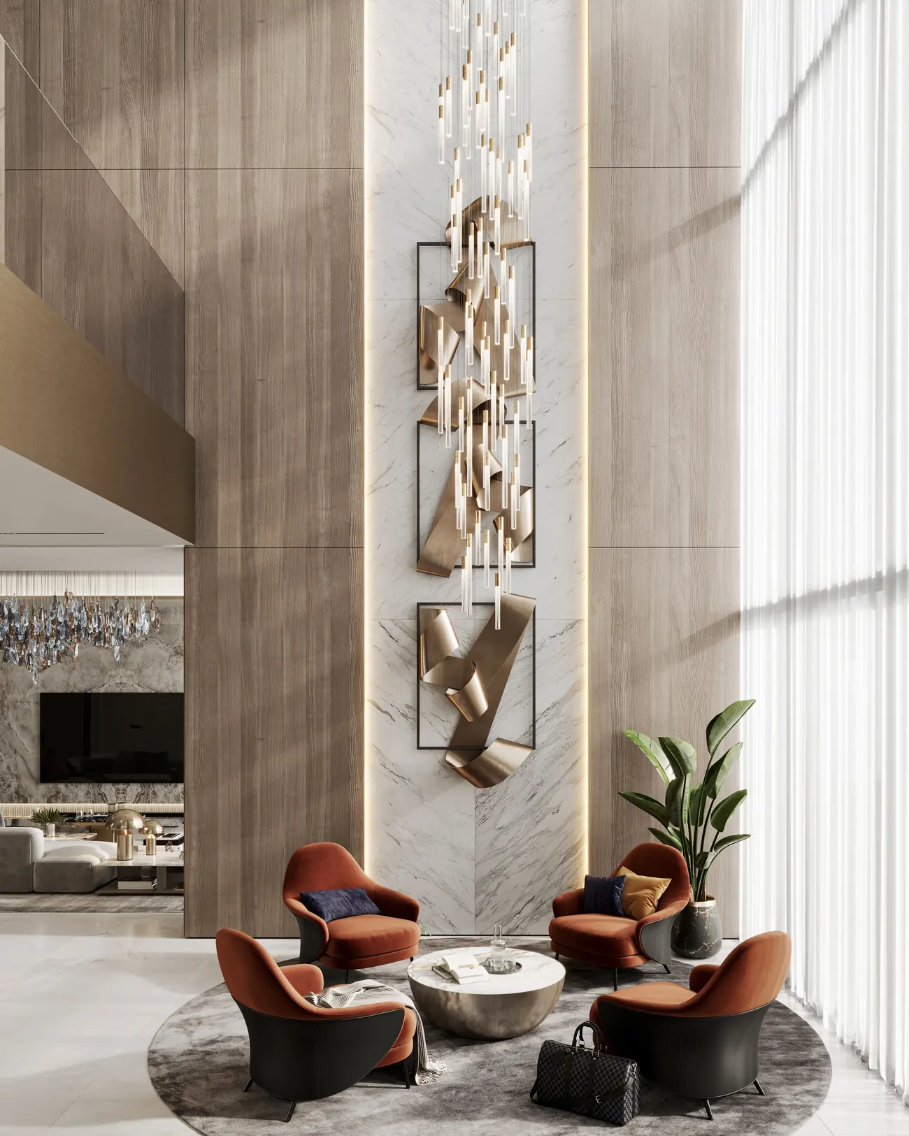 Render of a double-height villa lounge with four armchairs, Dubai