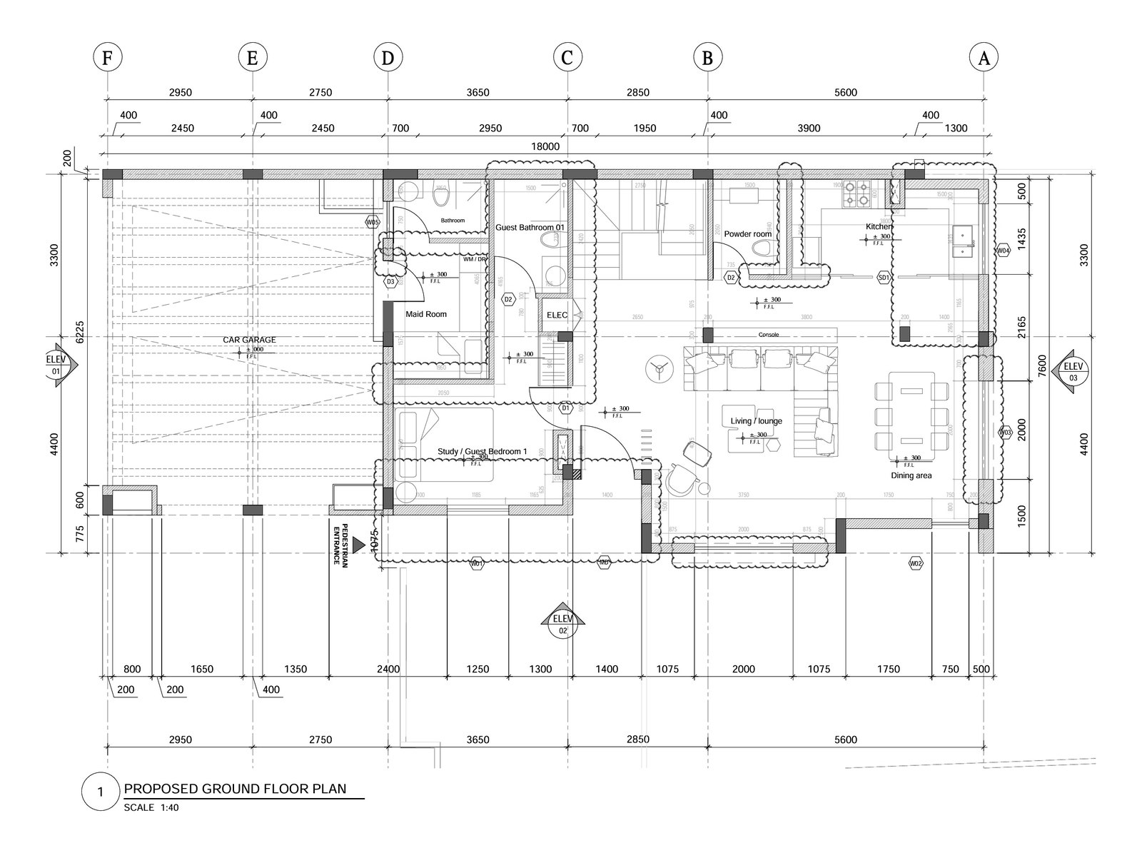Proposed ground floor plan for a two-storey villa, drawn by Fajr Interiors: garage, maid room, guest bedroom, kitchen, living and dining