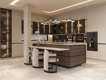 Render of the kitchen at Cluster 7, Villa 14: a timber island with bar stools and a lit display wall