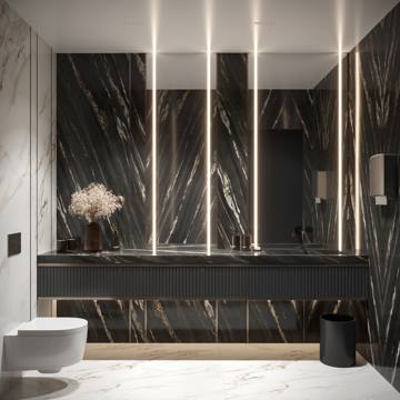 Design render: washroom with a dark marble wall, a floating vanity and a wall-hung WC, Crypto One office, Dubai