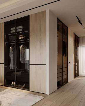 Render of the walk-in wardrobe at Cluster 7, Villa 14: glass-fronted timber wardrobes