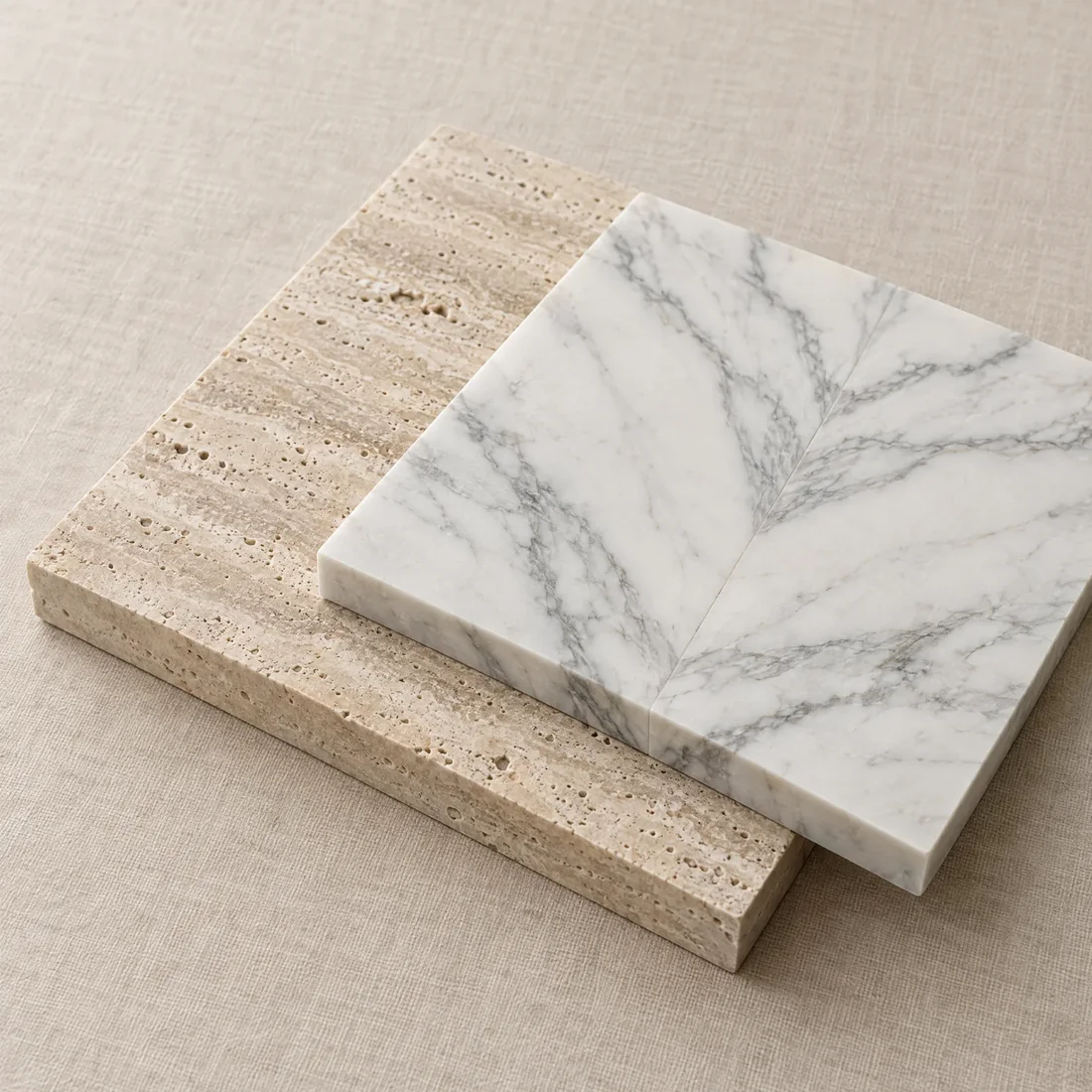 Concept visualisation: travertine and white marble samples on a linen cloth