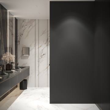 Design render: washroom entrance with a marble wall and a black door, Crypto One office, Dubai