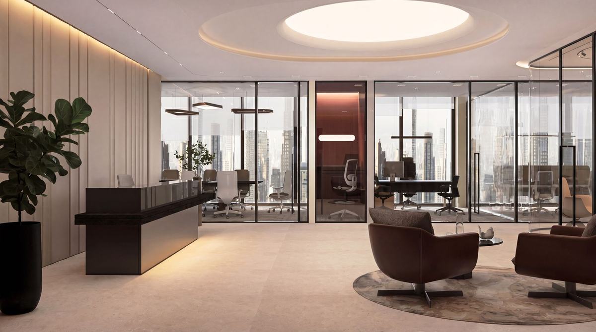 Render of the Opus Tower office by Fajr Interiors: reception and the glass offices