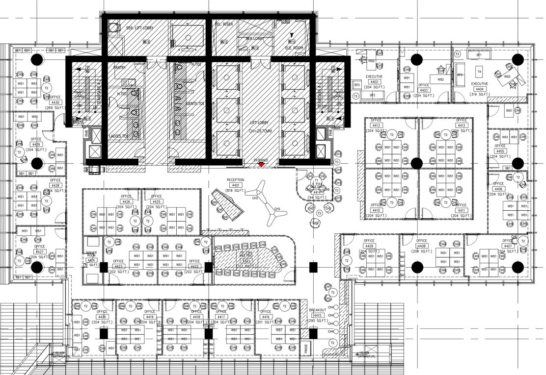 Layout drawing of the Serene office floor at Vision Tower: meeting rooms along the core and open workstations