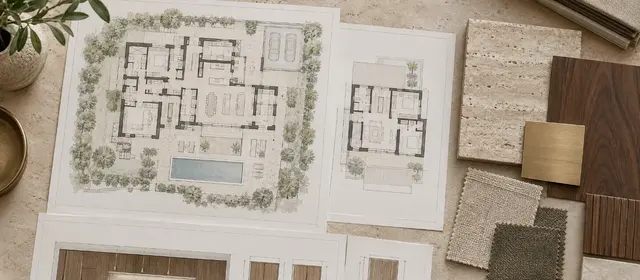 Concept visualisation: villa floor plans, elevations and stone, walnut and fabric samples laid out on a table