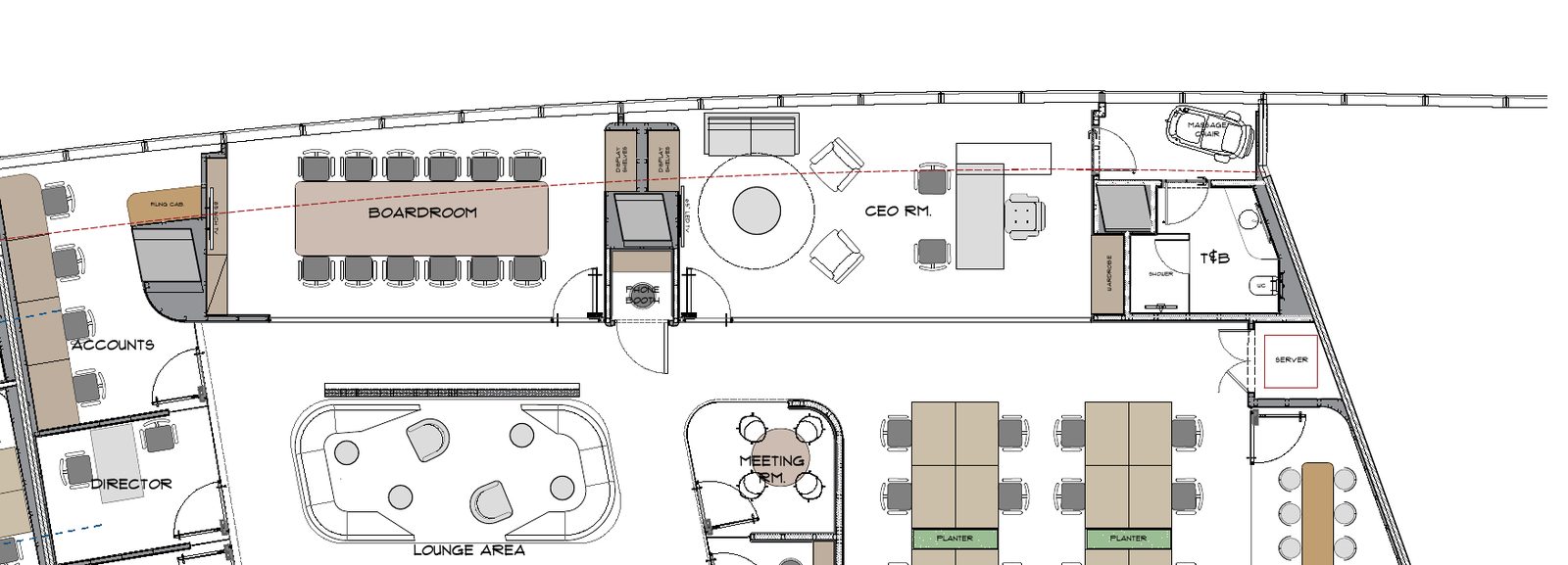 Furnishing plan of a CEO suite: boardroom, phone booth, CEO office with lounge corner and private washroom, drawn by Fajr Interiors