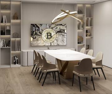 Design render: meeting room with an oval table, a bitcoin artwork and lit shelving, Crypto One office, Dubai