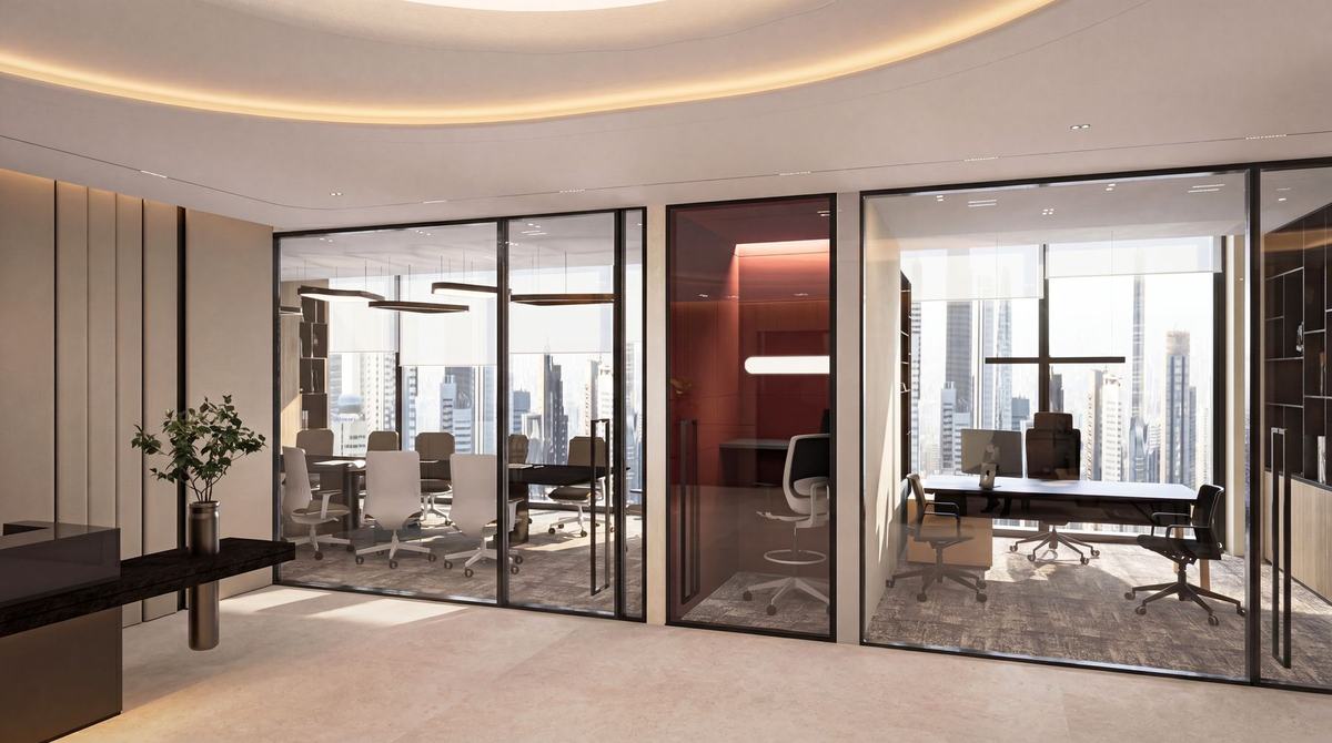 Render of the Opus Tower office by Fajr Interiors: reception bench and phone booth