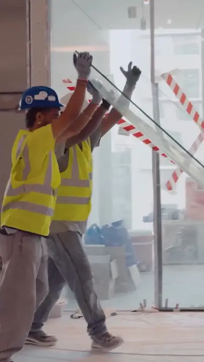 Glass partitions going in: Opus Tower office fitout by Fajr Interiors, Dubai
