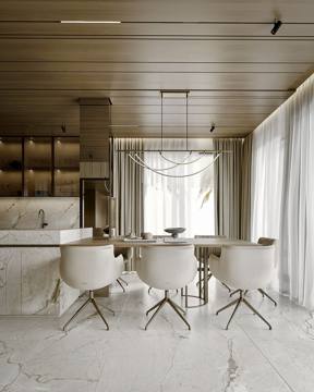 Render of the dining table and kitchen beyond for Cluster 39, Villa 3