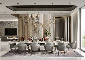 Render of the dining room at Villa 389: a long table for twelve with the living room beyond